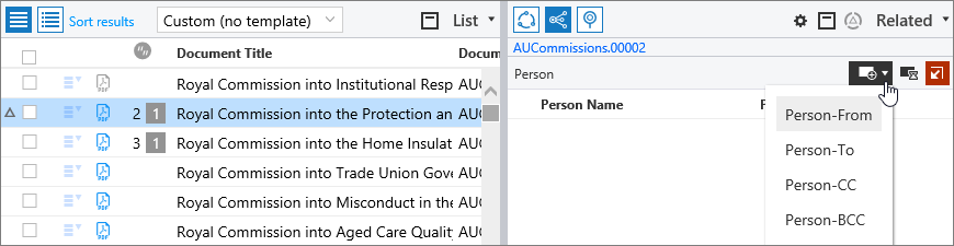 List and Relate pane shwoing the Add Person entity item menu with options.